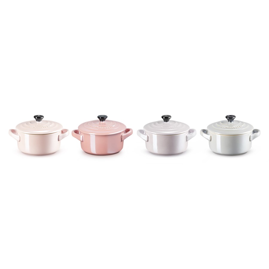 product image Le Creuset 4 Rd. Mini Cocottes 10 cm Chiffon Pink/ Quartz Rose/ Blue Bell Purple/ Mist Grey (Le Creuset)